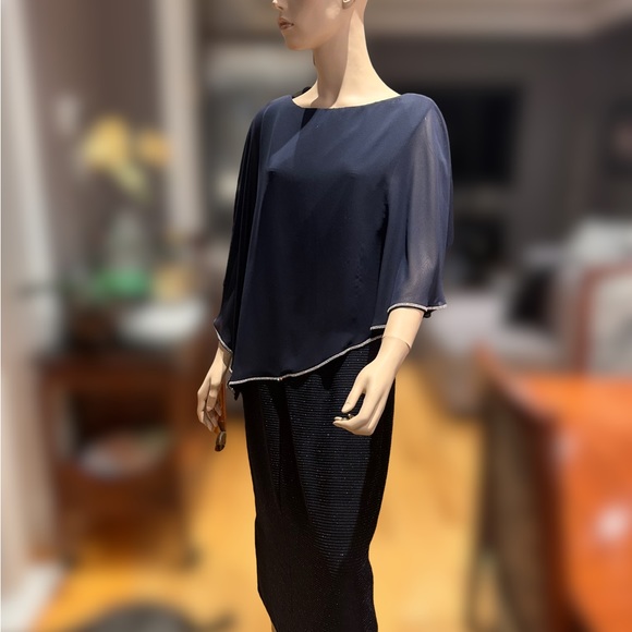 Frank Lyman Rich Navy Cocktail, All Occasions Dress with Attached Cape NWOT 16 - Picture 2 of 15